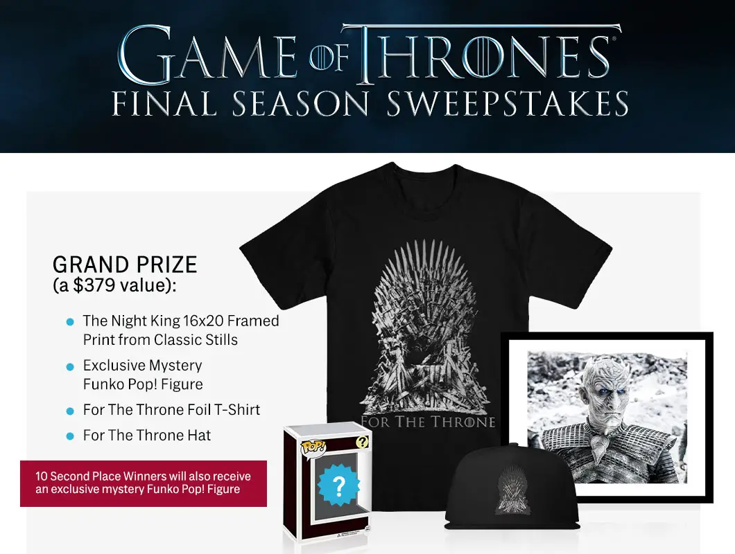 Enter for your chance to win a Game of Thrones Final Season prize pack or one of 10 exclusive Mystery Funk Pop! Figures from the HBO Shop. There will be eleven winners in all!
