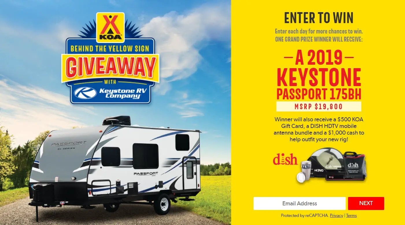 Enter for your chance to win a Keystone Passport 175BH. Enter each day for more chances to win. Winner will also receive a $500 KOA Gift Card, a DISH HDTV mobile antenna bundle and a $1,000 cash to help outfit your new rig!