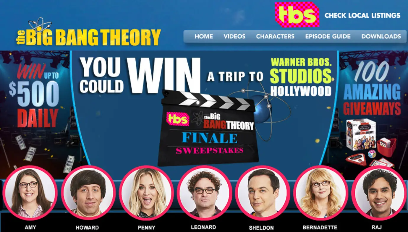Daily Big Bang Theory sweepstakes codes. Enter the TBS The Big Bang Theory Series Finale Sweepstakes and you could win a trip for two to attend "The Big Bang Theory" finale. Or you could win one of 108 others prizes.