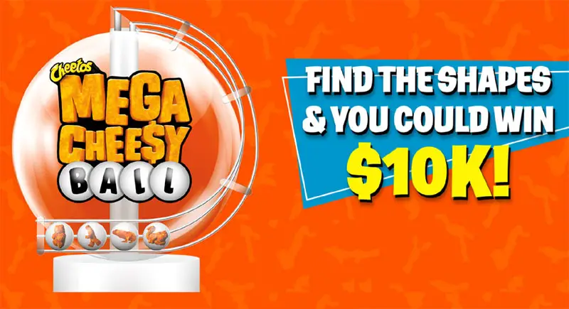 Find the Cheetos snack that looks like this week's shape to enter for your chance to win $10,000 in cash! The shape changes weekly so check back each week to find out what you need to look for.