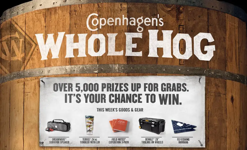 Enter for your chance to win your share of over 29,000 prizes in the Copenhagen Whole Hog Sweepstakes. New winners will be chosen each week through April. Come back everyday for a new entry into the sweepstakes.