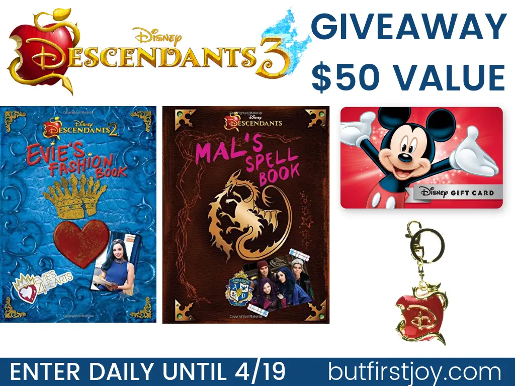 To celebrate the release of the Descendants 3 trailer, ButFirstJoy.com is giving one lucky reader a Descendants prize pack filled with goodies for the Disney lover!
