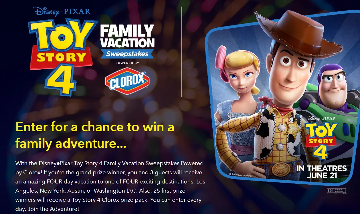 Enter for your chance to win a Disney Vacation for 4 or 1 of 25 Toy Story prize pack from Disney.