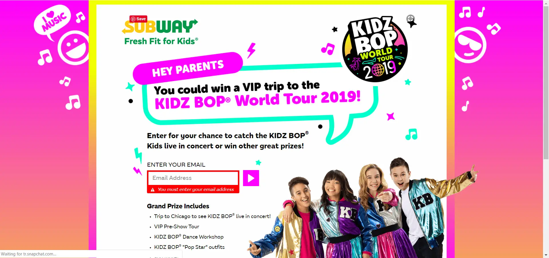 Enter the Subway KIDZ BOP Chance to Dance Sweepstakes for your chance to catch the KIDZ BOP Kids live in concert at Hollywood Casino Amphitheatre in Tinley Park, Illinois you could win Free KIDZ BOP tickets to a concert near you or even a $100 Subway Gift Card