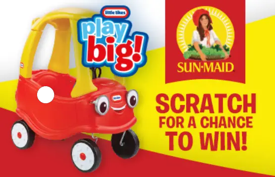 Play the Sun-Maid Little Tikes Cozy Coupe Instant Win Game daily for a chance to win a Little Tikes Cozy Coupe and other sweet prizes.