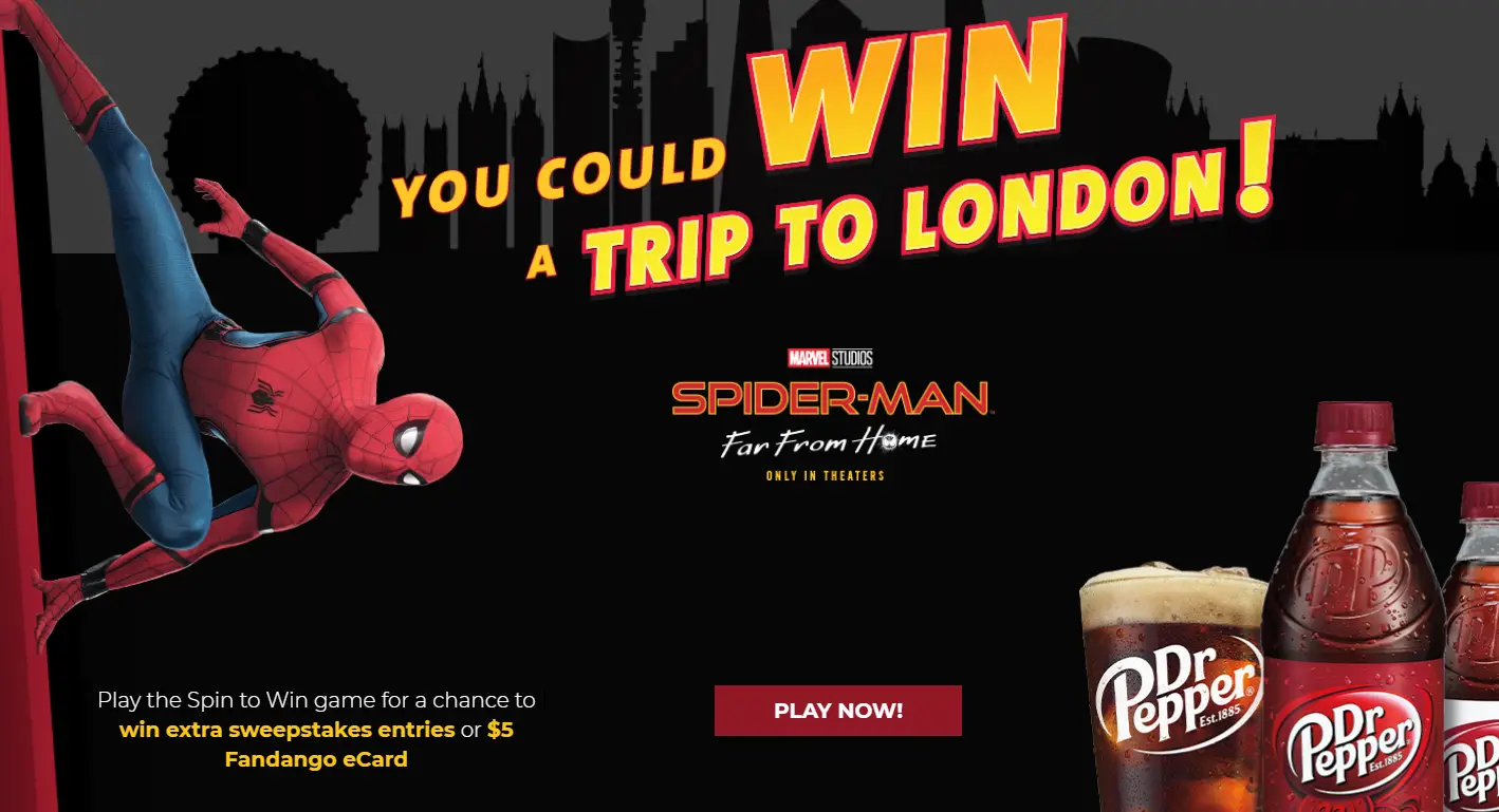 Play the Dr Pepper / Sodexo Spin to Win game for a chance to win $5 Fandango eCards (3,000 winners) and be entered to win the grand prize, a 4-night/5-day trip for winner and one guest to London, England
