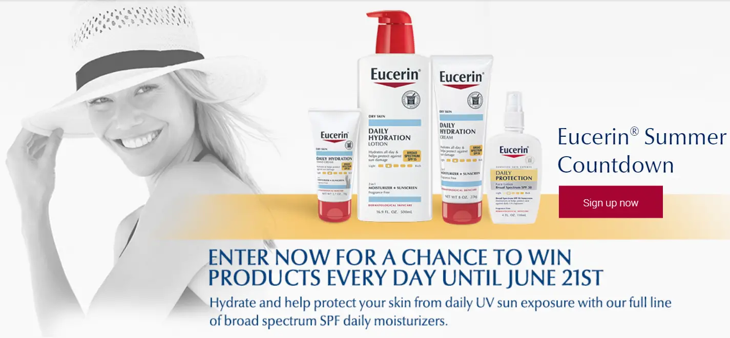 Enter the Eucerin Summer Countdown daily for a chance to win a Eucerin product everyday and get ready for Summer with Eucerin! Five winners will be chosen everyday.