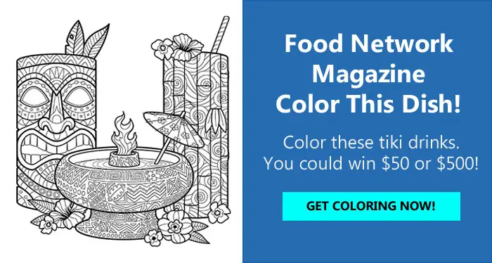 Color the Food Network tiki drinks coloring page for your chance to win $500!  The grand prize winner will receive $500 and three runners-up will each receive a $50.