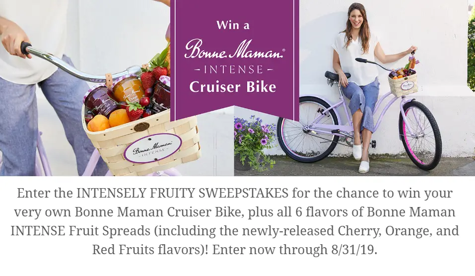 Enter the Bonne Maman Intense Summer Sweepstakes for your chance to win your very own Bonne Maman Cruiser Bike, plus all 6 flavors of Bonne Maman INTENSE Fruit Spreads (including the newly-released Cherry, Orange, and Red Fruits flavors)