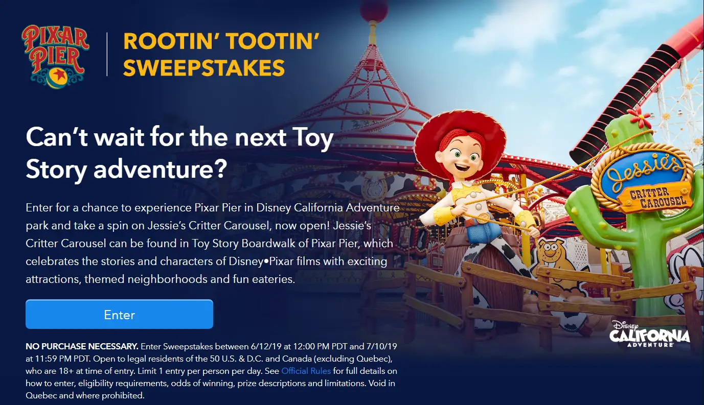 Enter Disney Pixar's Pier Rootin' Tootin' Sweepstakes for your chance to win a trip for 4 to Disneyland Resorts in Anaheim, California.