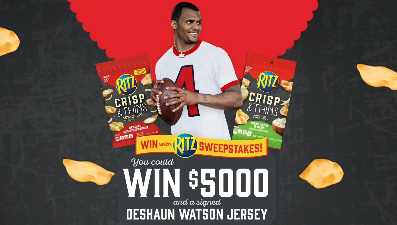 Enter the Win With Ritz Sweepstakes for your chance to win $5,000 and and Deshaun Watson signed Jersey or one of the $100 gift card prizes.
