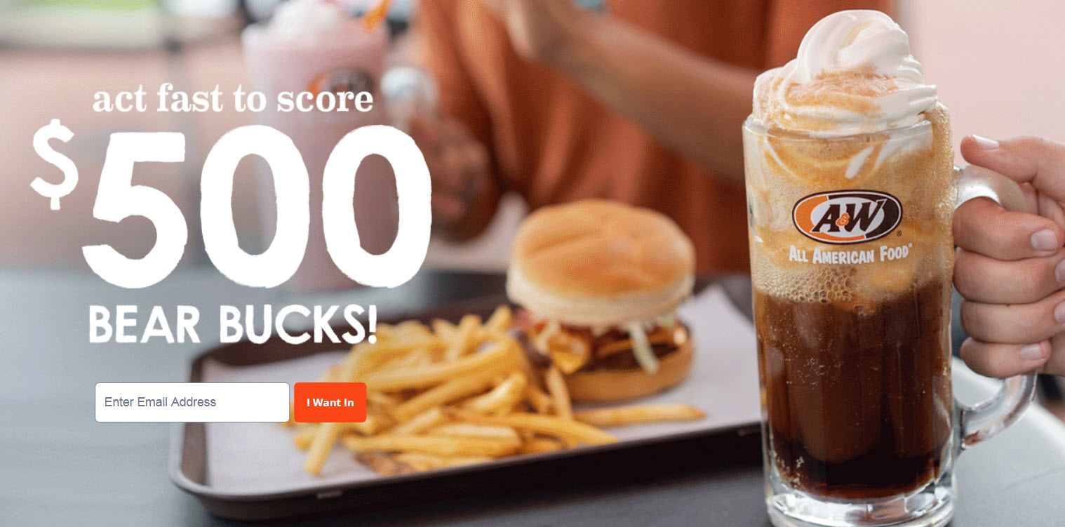 103 WINNERS! A&W Restaurants is celebrating 100 years of A&W Restaurants and pouring in the donations for DAV (Disabled American Veterans). You could score up to $500 in Bear Bucks (A&W gift checks) or exclusive anniversary mugs if you're quick. Everyone else will receive a free small float on August 6th from 2-8pm at participating A&W Restaurant locations. 
