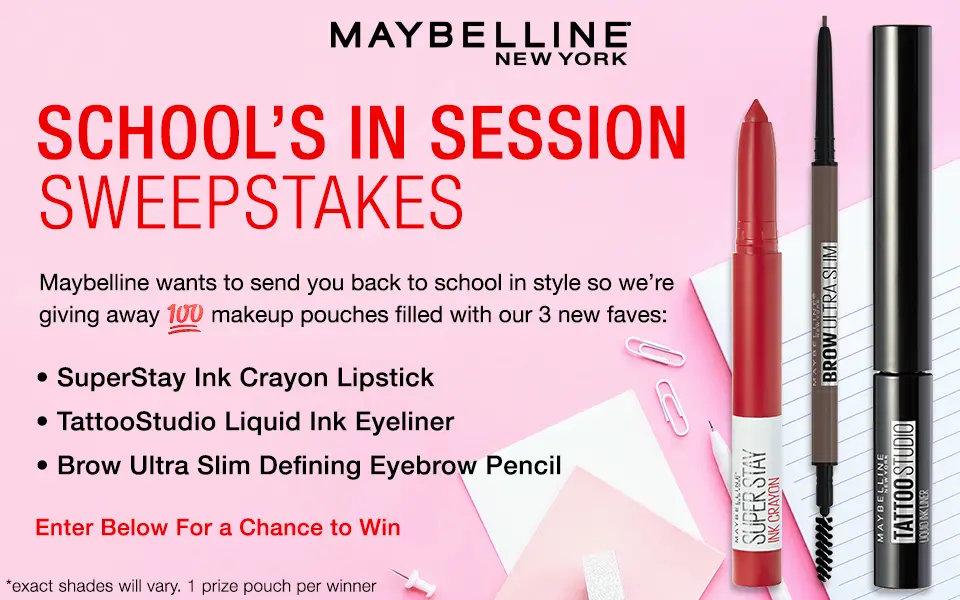 100 WINNERS! Enter for your chance to win a Maybelline Make-up pouch filled with beauty products. Maybelline wants to send you back to school in style so they are giving away 100 makeup pouches filled with their 3 new favorite products.