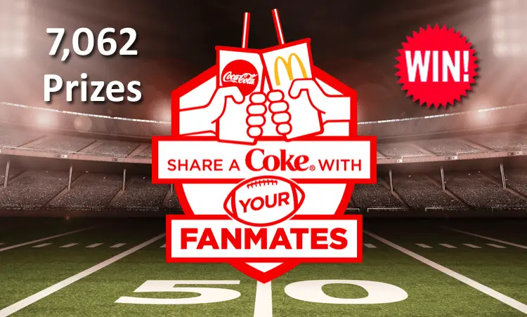 7,062 PRIZES! Play the Share a Coke Fall Football at McDonald’s Instant Win Game daily for your chance to win $10, $25, $50, $100 or $500 FansEdge promotional code and be entered to win a $20,000 Ultimate Fanmate Football Experience