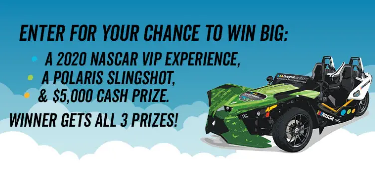 Enter for your chance to win a 2019 Polaris Slingshot, a grand prize valued at over $39,000 in the NASCAR Win Big Sweepstakes. You'll also receive a NASCAR VIP Experience at the Daytona 500 in 2020, and $5,000 Cash