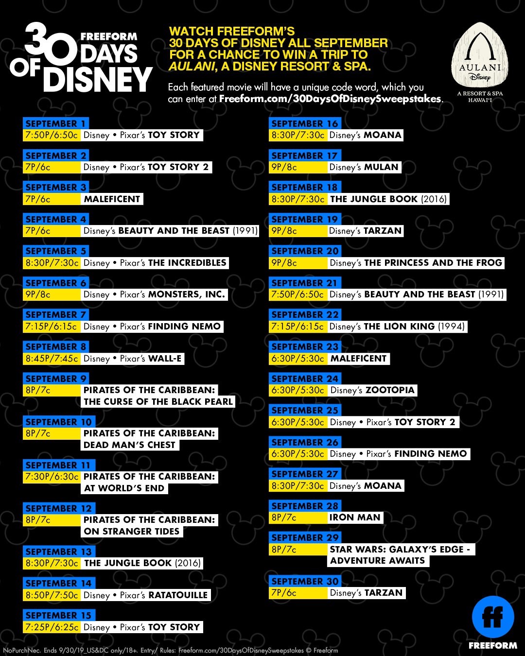 Freeform’s 30 Days of Disney Sweepstakes (Daily Code) 9/30 1PPD18+