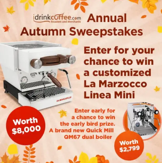 Enter for a chance to win the Grand Prize of a customized La Marzocco Linea Mini Espresso Machine or the early bird prize of a Quick Mill QM67 Dual Boiler. Prizes worth over $10,000