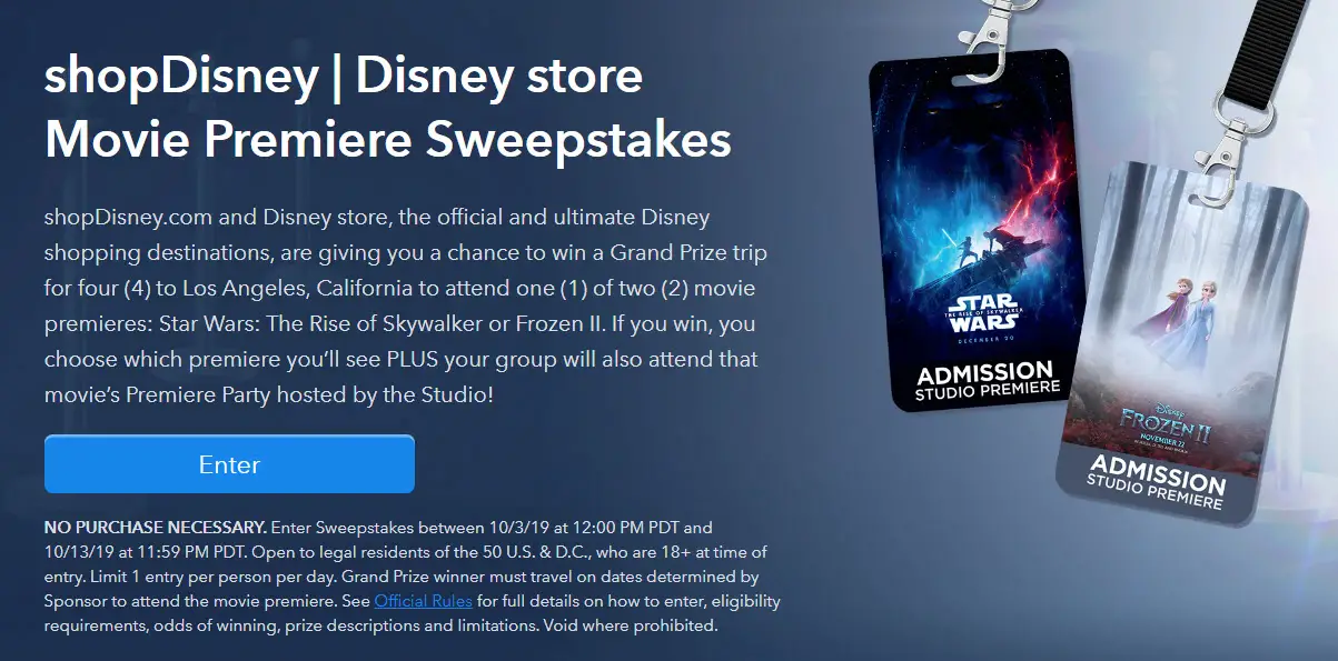 Do you love the Disney FROZEN movie? Enter the Disney Store's sweepstakes for your chance to win a trip for two to Los Angeles, California to attend the Frozen 2 premiere