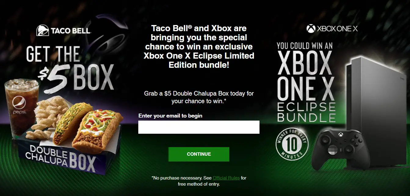 5,454 WINNERS! Enter for your chance to win an XBox One X Eclipse Limited Edition console, controllers and 6-month XBox Game pass. Taco Bell and Xbox are giving you this special chance to win 