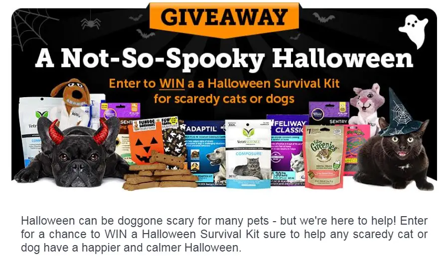 WEEKLY WINNERS! Enter for a chance to WIN a Halloween Survival Kit sure to help any scaredy cat or dog have a happier and calmer Halloween. Halloween can be doggone scary for many pets - but PetMeds is here to help!