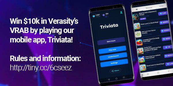 Enter for your chance to win up to $5,000 in VRAB cryptocurrency when you play Verasity's VRAB Triviata games.