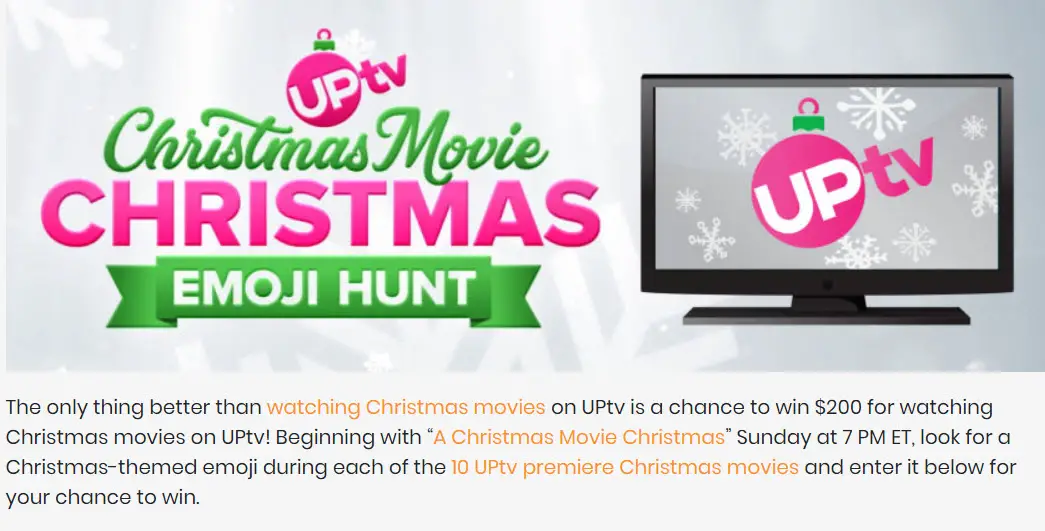 Click here to get this week's code word so you can enter the #UPtv Christmas Movie Christmas Emoji Hunt Watch & Win Giveaway.