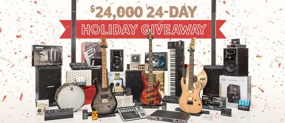 This holiday season, Sweetwater is starting the festivities early with 24 days - and $24,000 - of exclusive giveaways! That’s 24 chances to be the lucky winner of a new guitar, synth, bass, mic, portable PA system, or one of over a dozen other prizes.