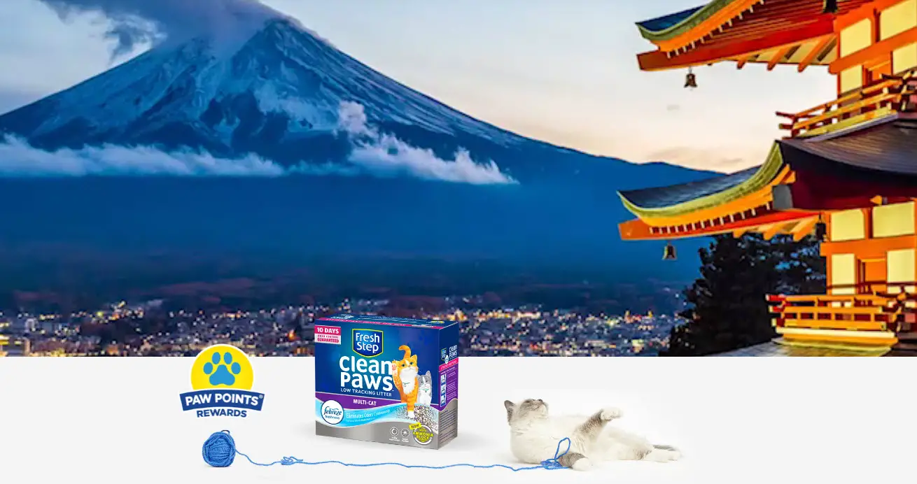 Enter for your chance to win The Ultimate Cat Lover’s Vacation to Japan Plus a One year supply of Fresh Step Clean Paws Cat Litter when you enter the Paw Points Ultimate Cat Lover’s Vacation Sweepstakes