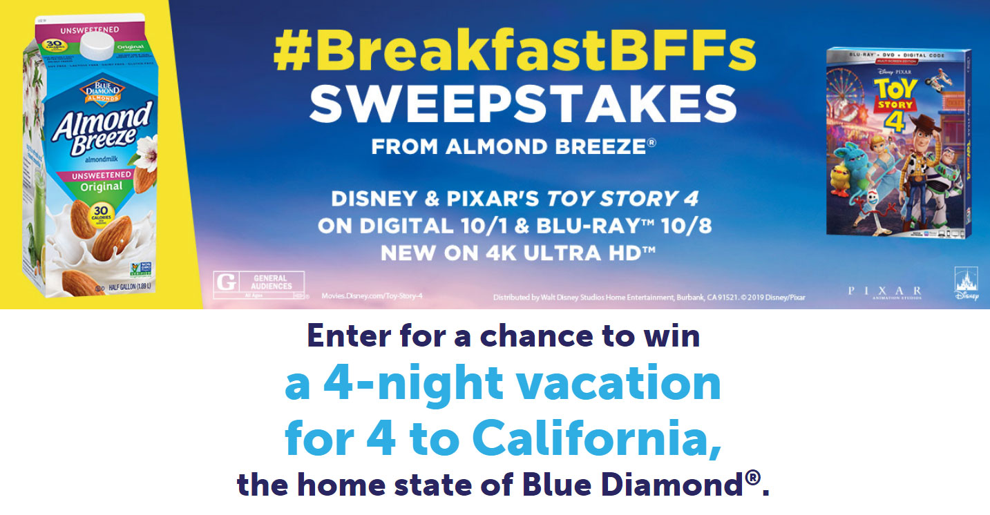 DAILY WINNERS! Enter for a chance to win a 4-night vacation for 4 to California, the home state of Blue Diamond or one of the daily movie prizes or Free Almond Breeze milk coupons.#BreakfastBFFs