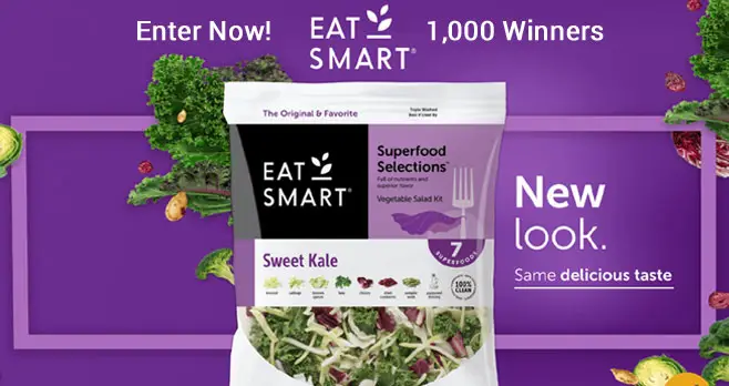 1,000 Free Coupons! You could win a Free Eat Smart product coupon. Eat Smart Sweet Kale, the #1 branded salad kit in North America, has a fresh new bag this season! You will find Eat Smart salad products at the same great retailers with the new bags coming January 2020.