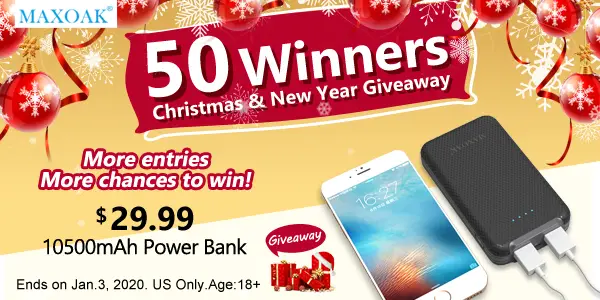 50 WINNERS! Enter for your chance to win a Maxoak 10500mAh 2-USB Power Bank. The Maxoak 2-USB Power Bank offers 10500mAh of power and 2 USB ports, ideal for extending the life of your tablet, smartphone, bluetooth speaker or other USB device. Charge two devices at once.
