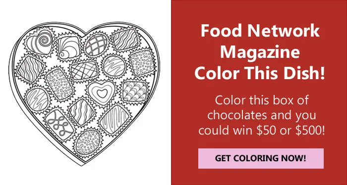 Color the Food Network box of chocolates coloring page for your chance to win $500!  The grand prize winner will receive $500 and three runners-up will each receive a $50.