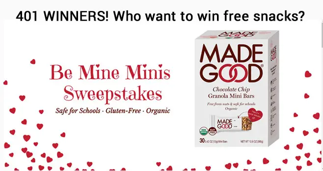 Enter the Be Mine Minis Sweepstakes for your chance to win a $500 #Target GiftCard Grand Prize + 400 Winners of Free MadeGood Snacks