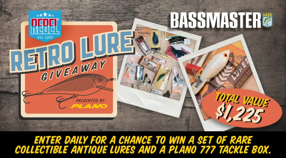 Enter the Bassmaster Rebel Retro Lure Giveaway Presented By Plano daily for your chance to win an Antique Lures prize package and a giant package of brand new lures and a new tackle box!