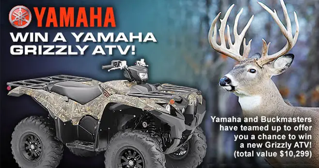 Enter for your chance to win a #Yamaha Grizzly ATV from #Buckmasters. Yamaha and Buckmasters have teamed up to offer you a chance to win a new Grizzly ATV valued at $10,299! The Yamaha Grizzly ATV is the bet performing ATV in it's class, with superior capability, all-day comfort, and legendary durability.