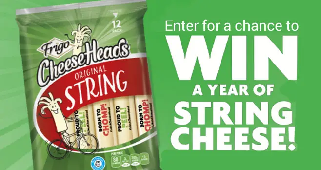 Enter for your chance to win a year of String Cheese from Frigo Cheese Heads. There will be 40 winners in the Frigo Cheese Heads Chomp vs. Peel Sweepstakes