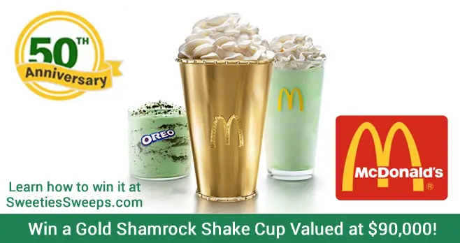 This year marks the 50th anniversary of McDonald's Shamrock Shake and in celebration they are giving you the chance to win a handcrafted Golden Shamrock Shake holder valued at $90,000! This special holder made with high polish 18-karat gold and embellished with precious stones. The holder is sized to hold a medium-sized shake.