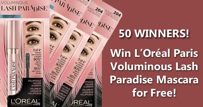 50 WINNERS! Enter to win L’Oréal Paris Voluminous Lash Paradise Mascara so you can take your lashes to paradise with voluptuous volume & intense length. Soft wavy bristle brush holds the maximum amount of formula. No flaking. No smudging. No clumping. 