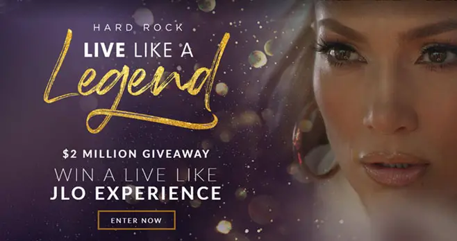 Enter for your chance to attend a Live Like #JLO Experience in Hollywood, Florida or one of 35 trips to a trip for two at a participating Hard Rock Hotel and Resort, a pink electric guitar signed by Jennifer Lopez or one of 125,000 Original Legendary® Burger coupons when you enter the Hard Rock Live Like a Legend $2M Giveaway