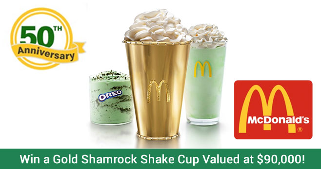 This year marks the 50th anniversary of McDonald's Shamrock Shake and in celebration they are giving you the chance to win a handcrafted Golden Shamrock Shake holder valued at $90,000! This special holder made with high polish 18-karat gold and embellished with precious stones. The holder is sized to hold a medium-sized shake.