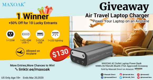 Enter for your chance to win a MAXOAK TSA-Approved Laptop Travel Power Bank. Power Your Laptop on an Airplane.  Designed for Travel/Business Power Backup Purpose. You can put in your carry-on bag and take it on airplane.