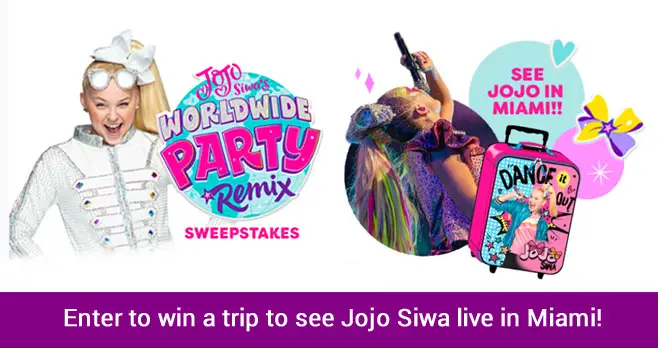 Enter the JoJo Siwa's Worldwide Party Remix Sweepstakes to win a trip for 4 to see Jojo Siwa perform live in Miami! The grand prize winner will receive 4 Concert Tickets to see JoJo Siwa D.R.E.A.M. The Tour in Miami on May 23, 2020