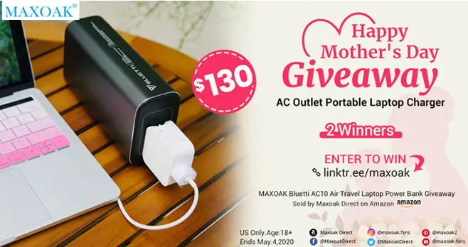 In honor of Mother’s Day, MAXOAK is hosting a giveaway to celebrate moms and motherhood. They are giving away their popular AC Outlet Portable Laptop Charger.