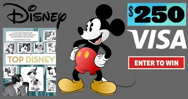 One lucky winner will receive  $250 in Gift Cards from Top Disney. In honor of the one year anniversary of the publication of the book, Top Disney, we are pleased to announce a new contest where you can enter to win $250 in gift cards (VISA or Disney, or both) simply by entering and sharing with your friends.