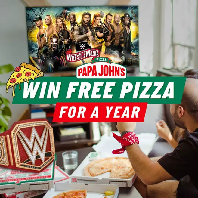 #PapaJohns is honoring 5 lucky fans with FREE pizza for a year plus their very own WWE Championship Replica Title Belt. Also, 25 fans will win a $100 Papa Johns giſt card.