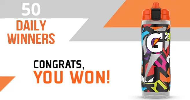 50 WINNERS PER DAY! Play the Gatorade Gx Bottle Instant Win Game daily for your chance to win a personalized Gatorade Gx bottle and four Gx pods