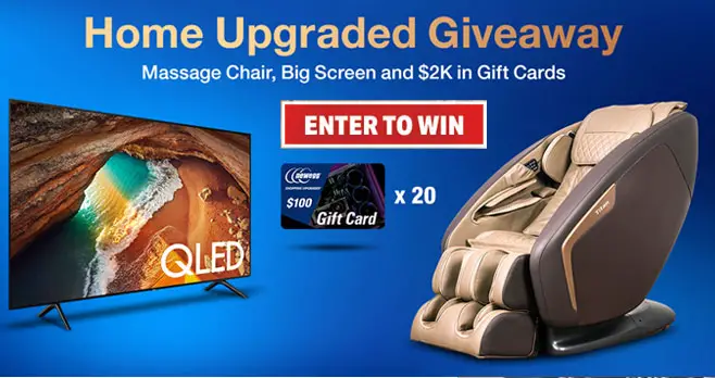 Enter for your chance to win great prizes from Newegg including a Titan Pro Ace Massage Chair with Zero Gravity, Samsung QLED 65" 4K TV or a $100 Newegg gift card. There will be 22 winners in all.