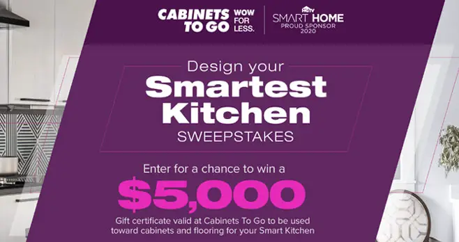 Enter the DIY Network Design Your Smartest Kitchen Sweepstakes for your chance to win a $5,000 Cabinets to Go gift certificate to be used towards cabinets and flooring for your new Smart Kitchen!