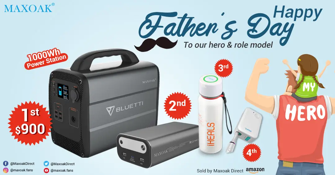 Enter for your chance to win a MAXOAK AC100 Power Station, AC10 Power Bank, DUV-C Water Bottle, or a DUV Toothbrush Sanitizer when you enter their Father's Day giveaway. There will be 6 winners in all.