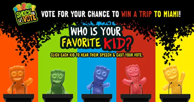 Vote for your favorite Sour Patch Kid and you could win a trip for two to Miami, Florida or one of 37 instant win game prizes including portable chargers, instant print camera, SOUR PATCH Kids Merchandise and bluetooth speakers.